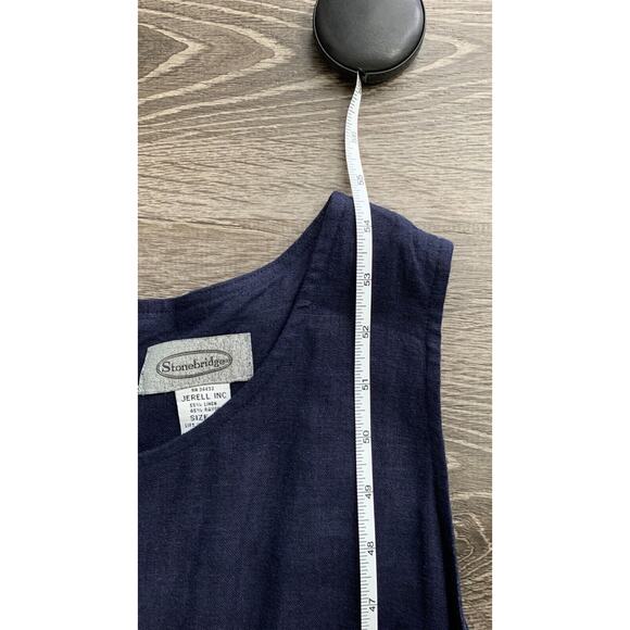 Stonebridge Womens Linen Navy Blue Sleeveless Dress Embroidered Back Zip Size 14 - Picture 7 of 8